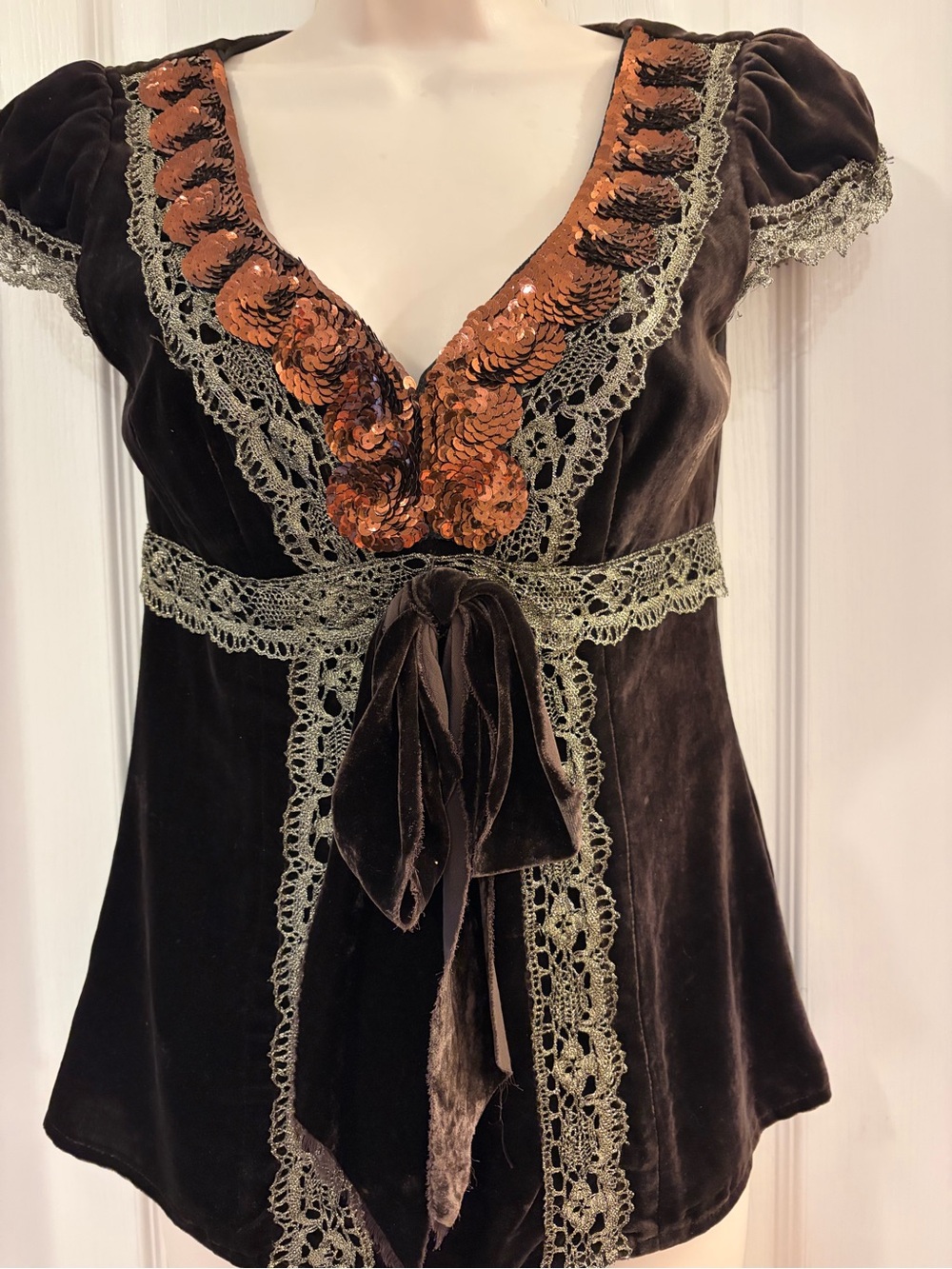 Nanette Lepore Brown Velvet Top with Copper Sequin V-Neck - Picture 3 of 12
